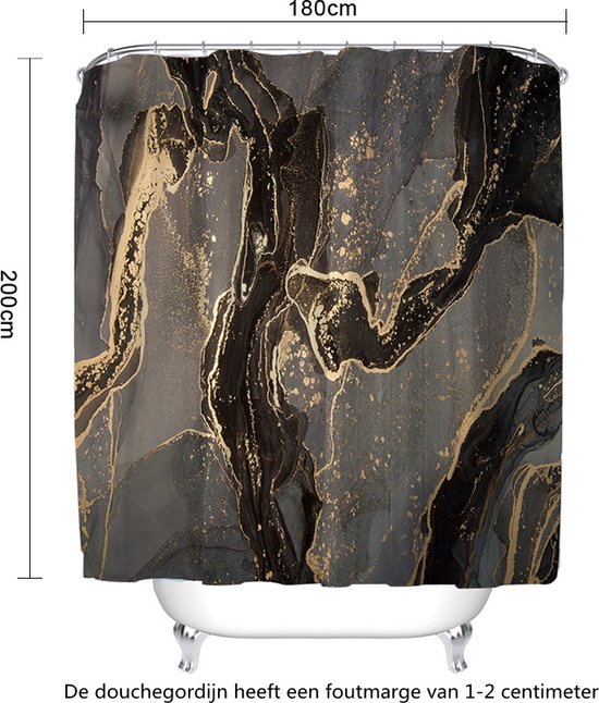 Unikorf Waterdicht Marmer Douchegordijn Zwart/Goud