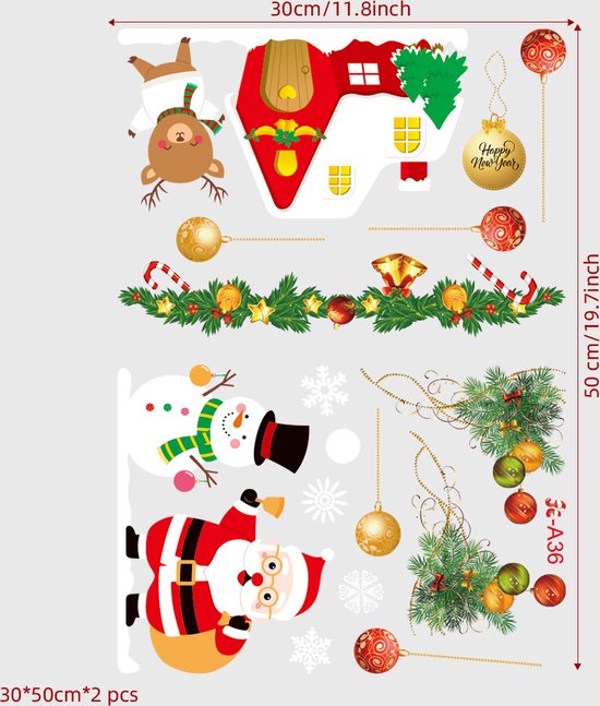 Kerst Raamstickers met Sneeuwpop ,huis en Kerstfiguren - Herbruikbaar en Statisch-35.5*50cm