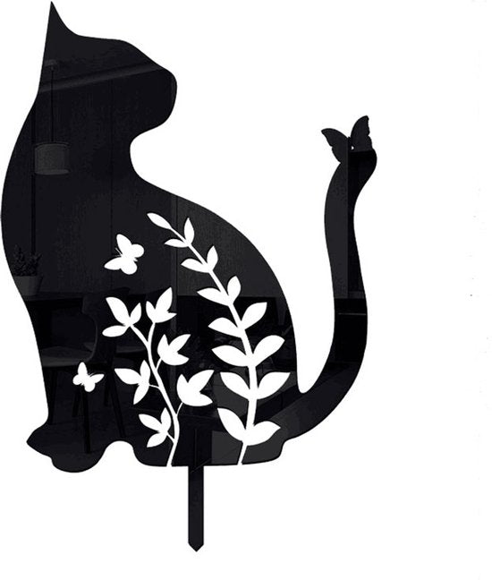 Metalen tuinsteker-Kat met Vlinder Silhouet-Sierlijke tuindecoratie-20x31cm