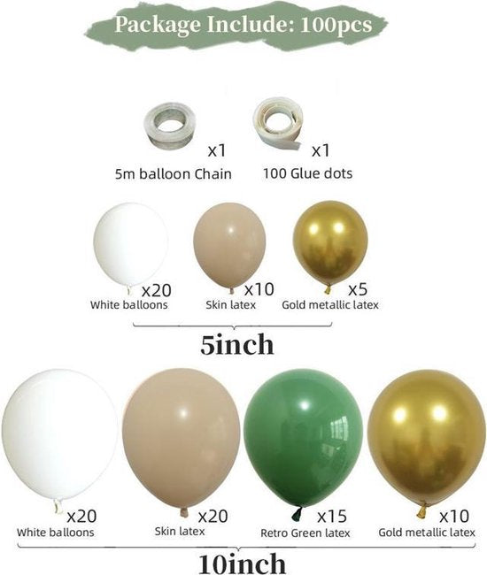 TDR-100 delig ballonnenset-Ballonnenboog-Verjaardag-jubileum-Versiering-Olijfgroen