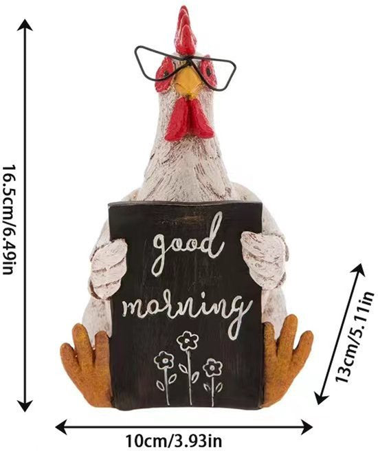 Decoratief Beeld-tuindecoratie kip-Creëer een levendige sfeer in je tuin - Duurzaam, Levendig en Veelzijdig, Haan met Bril "Good Morning" – 16,5 cm