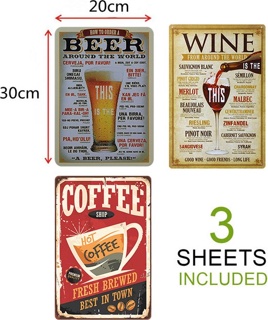 3-delige Vintage Wandbordenset - Bier, Koffie, Wijn