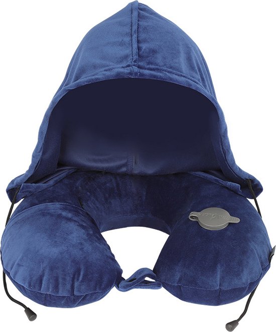 Opblaasbaar nekkussen H-vorm met capuchon - Marineblauw