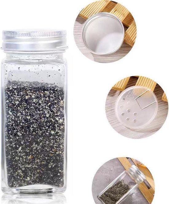 12-delige Glazen Kruidenpotten Set met Aluminium Deksel -Inhoud 120 ml - Inclusief Handige Accessoires