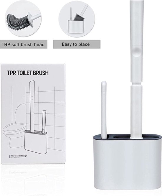 2 Stuks Antibacteriële Siliconen WC-borstel Set met Platte Brede en Ronde Borstelharen - Inclusief Borstelhouder - Donkergrijs