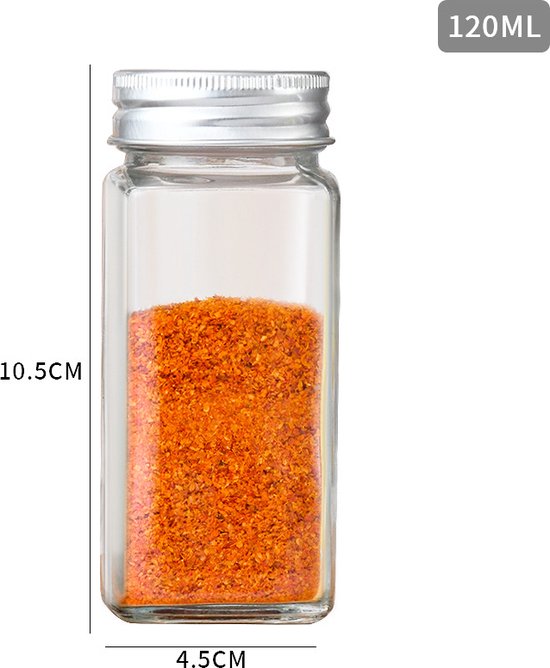 12-delige Glazen Kruidenpotten Set met Aluminium Deksel -Inhoud 120 ml - Inclusief Handige Accessoires
