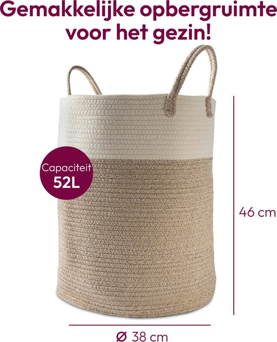 Wasmand Katoen - Opbergmand 52 ltr - Mand Rond met handvaten - Wasbox Opvouwbaar - Speelgoedmand