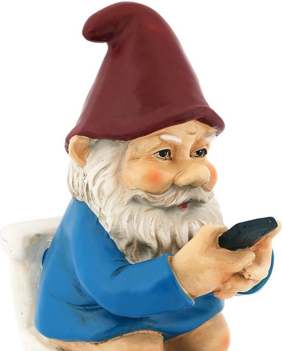 Grappige Kabouter Tuinornament op Toilet met Telefoon