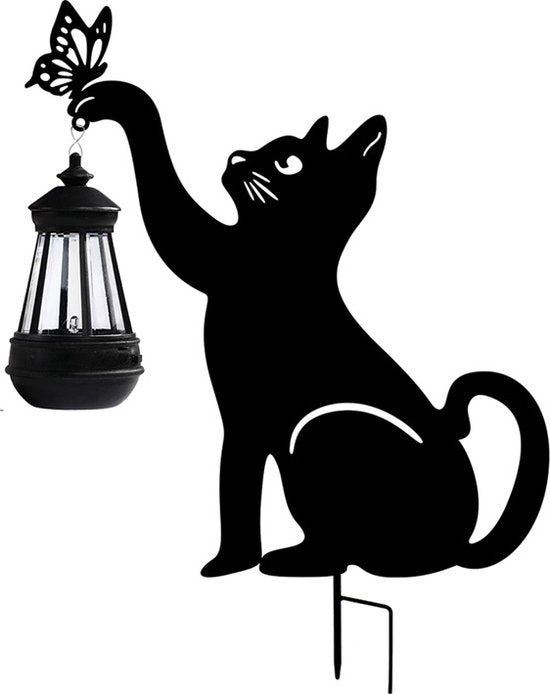 Zonne-energie Buitenlamp met Uitgesneden Kattenlantaarn-IP55- zwart-55 cm hoog