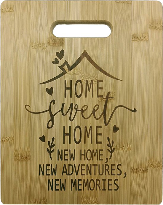 Elegante Bamboe Snij- en Serveerplank "Home Sweet Home" - Duurzaam met Lasergravure - Ideaal als Borrelplank of Keuken Decor - Ophangbaar - Ideaal voor Housewarming - 28x22 cm