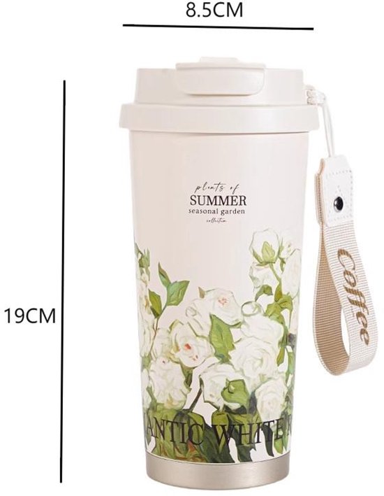 Thermos Mok met Bloemprint – 500ml – Roze – Dubbelwandig – Lekvrij – Met Draagriem – Ideaal voor Camping & Reizen