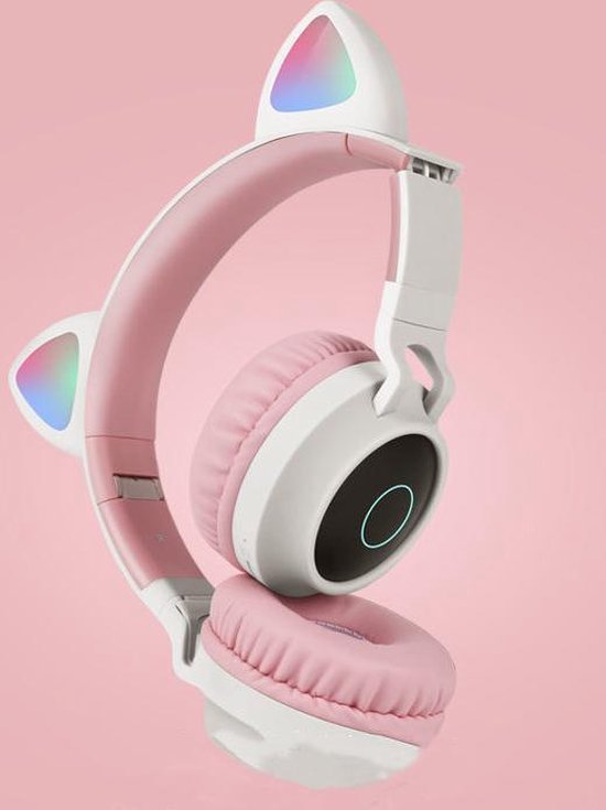TDR- Draadloze Bluetooth koptelefoon - Over-Ear Koptelefoon voor Kinderen - Met Led Kat Oortjes - Bekend van TikTok -  roze grijs