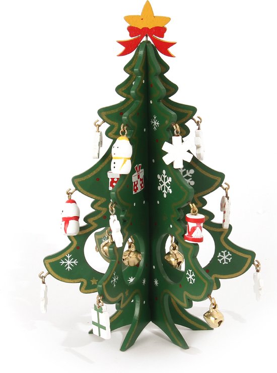 Mini Houten 3D Kerstboom – Met 10 Decoratieve Hangers – Feestelijke Tafeldecoratie - Hoogte 17.2 cm