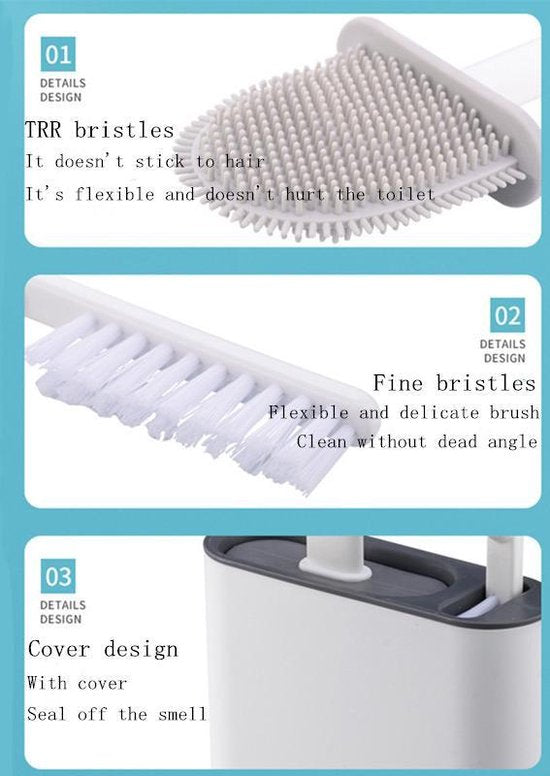 2x Antibacteriële Siliconen WC-borstel Set met Houder - Grij