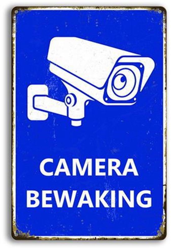 Aluminium Camerabewakingsbord – 24 uur toezicht | 25 × 18 cm | Blauwe ‘CAMERA BEWAKING’ waarschuwing – voor binnen & buiten