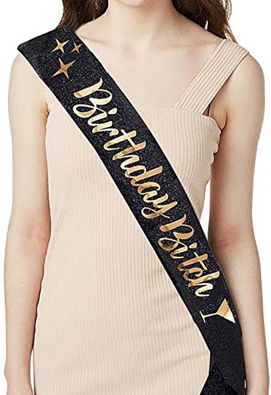 TDR - Verjaardag Sjerp en Tiara - Met text "Birthday Bitch" zwarte feestsjerp met golden tiara