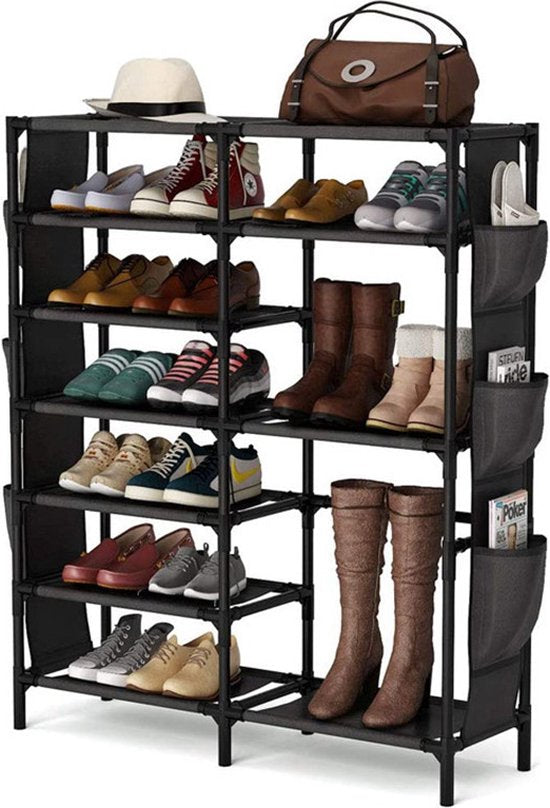 stevige schoenenrek met zijvakken-7 Laags - Opbergsysteem voor 24 -30 Paar Schoenen-zwart