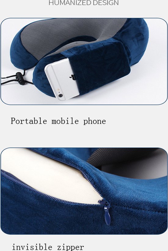 Ergonomisch nekkussen voor comfortabele reizen + opbergtas + oordopjes + oogmasker-marineblauw
