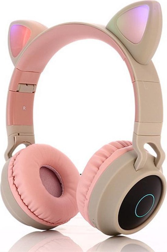 TDR- Draadloze Bluetooth koptelefoon - Over-Ear Koptelefoon voor Kinderen - Met Led Kat Oortjes - Bekend van TikTok -  roze grijs