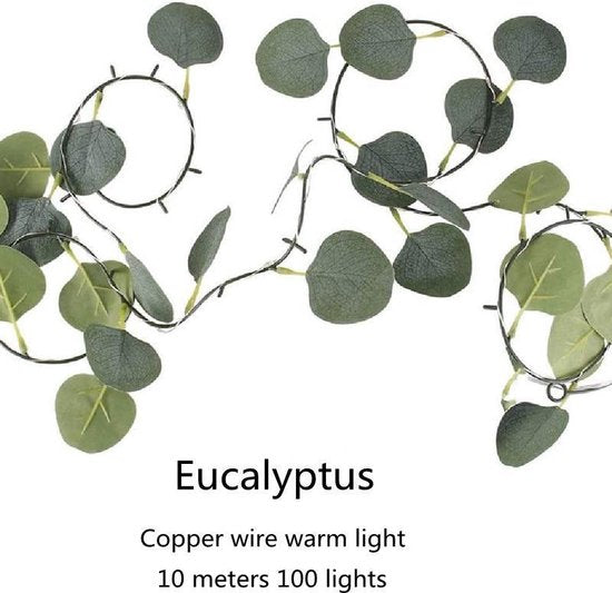 Lichtsnoer met eucalyptusbladeren - 10m, 100 lampjes