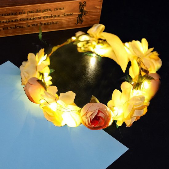 Hoofdband met bloemenkrans en LED-lampen - Champagne