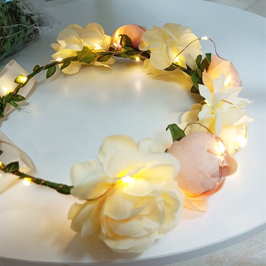 Hoofdband met bloemenkrans en LED-lampen - Champagne