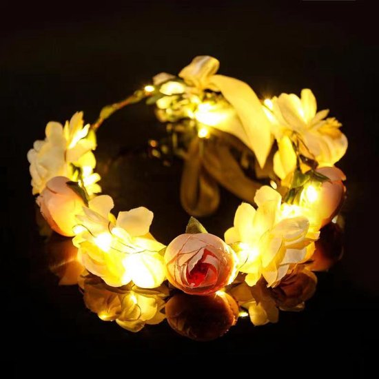 Hoofdband met bloemenkrans en LED-lampen - Champagne