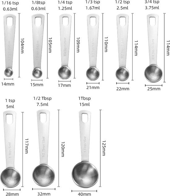 Set van 9 Roestvrijstalen Maatlepels - Verschillende Maten